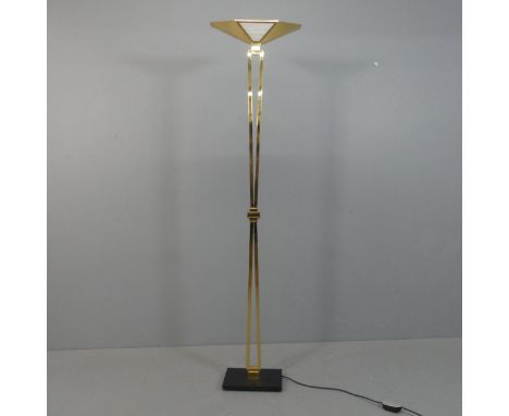 Prearo, Italy - A 1980s Art Deco style polished brass uplighter floor lamp with impressed maker’s marks, and LED bulb. Height