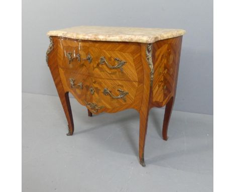 A French Kingwood veneered and marble topped 2-drawer commode chest of serpentine form, with floral marquetry inlaid decorati