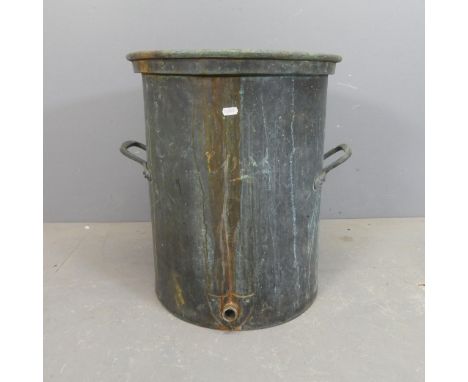 A cylindrical zinc lined copper two-handled planter. Diameter 49cm, height 54cm.