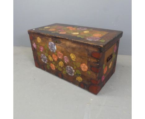 A folk-art painted pine blanket box. Width 95cm, height 50cm, depth 49cm.