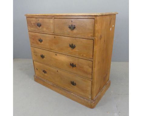 A Victorian pine chest of two short and three long drawers with Art Nouveau style brass pulls. Width 107cm, height 101cm, dep