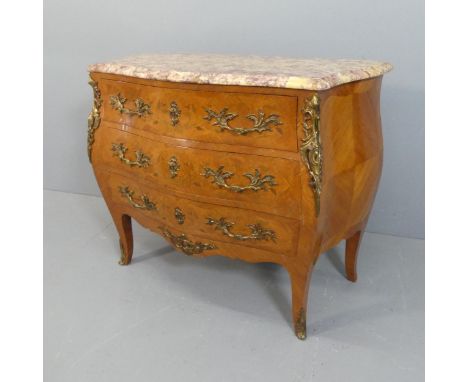 A French Louis XV style walnut and marble-topped bombe commode chest of three long drawers, with brass ormolu mounts and inla