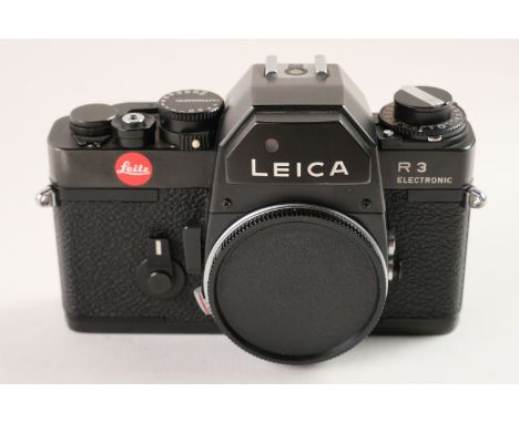 Leica R3 Electronic. Leica R3 Electronic black camera body, Serial Number 1454470, made in Portugal, manufactured 1976, good 