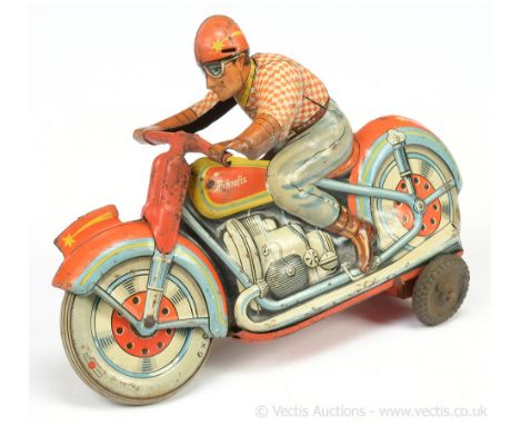 Technofix (Germany) friction drive "Comet" tinplate Motorcycle - red/orange with tinprinted rider and engine detail, 7"/18cm 