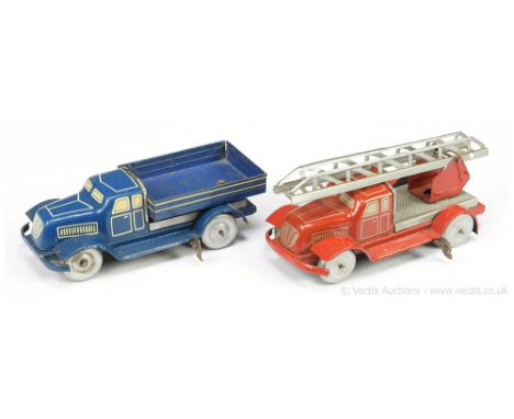 Kellermann or similar German tinplate clockwork Fire Engine and Flatbed Lorry (1) Fire Engine with single section turntable l