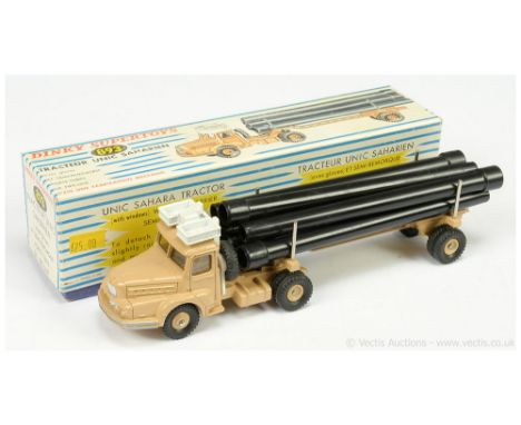 French Dinky 893 Pipe Truck and Trailer - beige cab, trailer, concave and convex hubs, white roof platform, 6 x black plastic