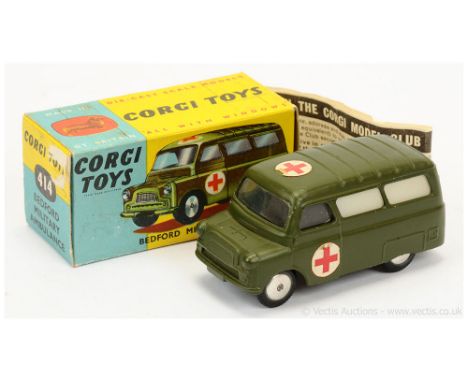 Corgi 414 Military Bedford Ambulance - green body, red cross labels to roof and doors, chrome flat spun hubs - slight loss to