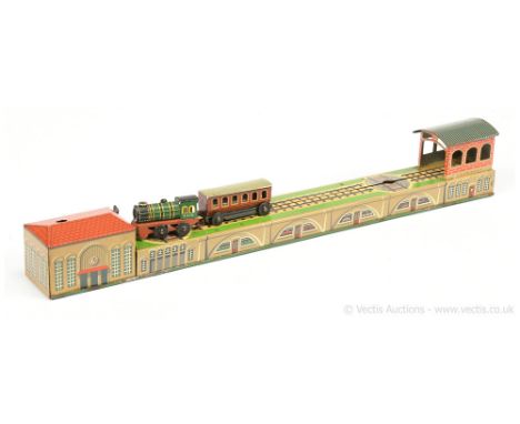 Arnold (Germany) tinplate clockwork Train Layout - tinprinted detail including bridge arches, engine shed and station, no key