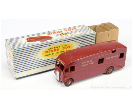 Dinky 980 Horse Van - Export Issue - maroon body, silver trim, red Supertoy hubs "Express Horse Van Hire Service" comes with 