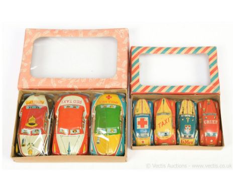 1950's Japanese tinplate multi vehicle Car Presentation Set (1) 4-piece set containing Ambulance, Fire Department and red Tax