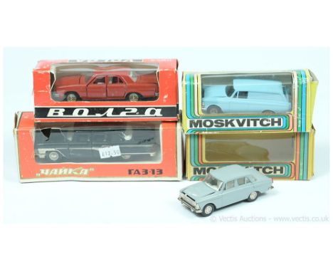 Russian Diecast 1/43rd scale group (1) Moskvitch Saloon - grey, white interior, chrome trim and hubs, (2) Moskvitch Van - pal