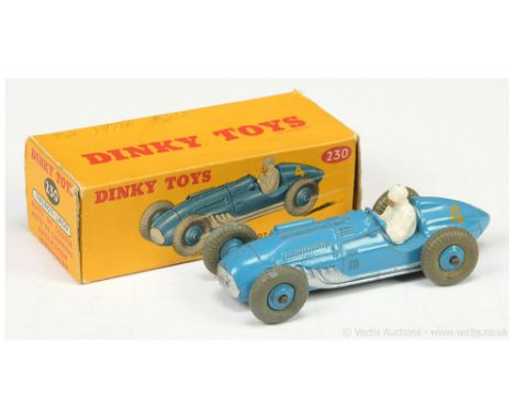 Dinky 230 Talbot Lago Racing Car - mid-blue including ridged hubs with grey treaded tyres, silver trim, yellow racing number 