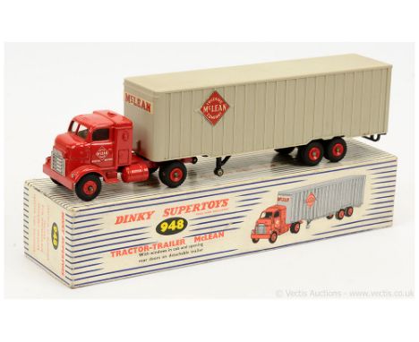 Dinky 948 Tractor Trailer "McLean" - red including plastic hubs, grey trailer - heavy paint rubs and chips around coupling po