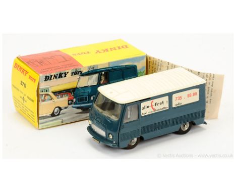 French Dinky 570 Peugeot Van - blue body, off-white roof, light grey interior, concave hubs with black tyres - missing black 