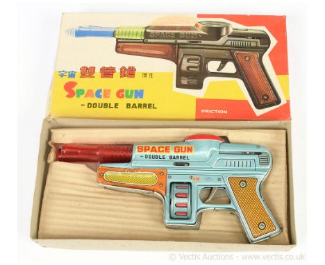 Chinese made 1960's "Double Barrel Space Gun" - tinplate battery operated gun is pale blue with tinprinted detail and double 
