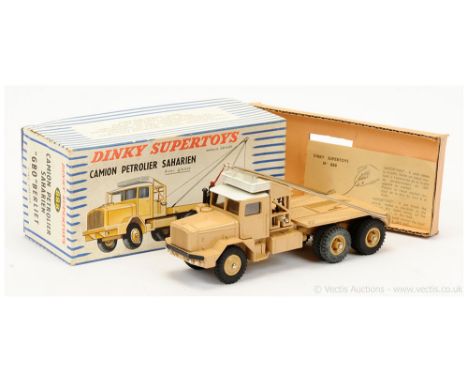 French Dinky 888 Berliet GBO - beige body, white roof, plastic hubs with black treaded tyres, chrome bar with red string &amp