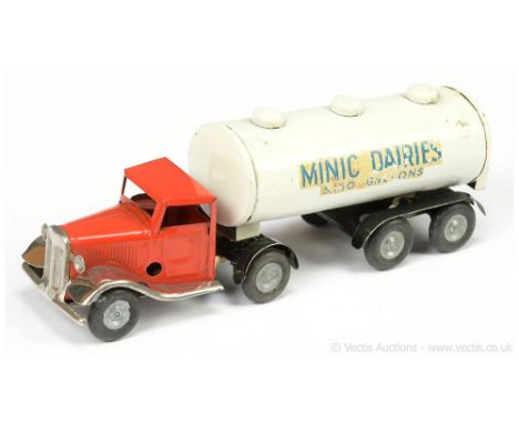 Triang Minic tinplate clockwork Articulated Milk Tanker - red standard cab to the tractor unit with bright plated wings, cast