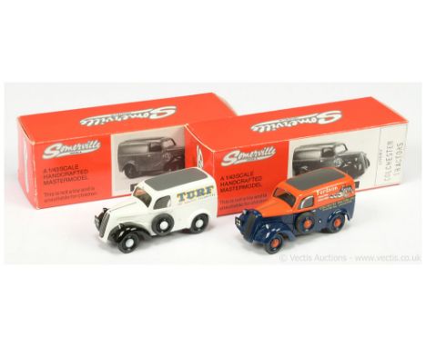 Somerville Models 1/43 Scale Pair (1) Fordson 5CWT Van "Turf" - white with black chassis, (2) similar but "Colchester Tractor