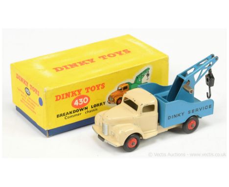 Dinky 430 Commer Breakdown Lorry - deep cream cab &amp; chassis, mid-blue back &amp; jib "Dinky Service" in black, silver tri