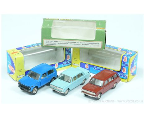 Russian Diecast 1/43rd scale group (1) Lada 2101 - pale blue saloon, ivory interior, chrome trim and hubs, (2) similar but Es