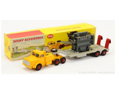 Dinky 908 Mighty Antar with Transformer - yellow tractor unit with light grey trailer, red Supertoy hubs and ramps, plastic t