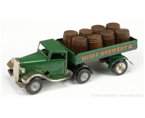 Triang Minic tinplate clockwork Brewery Lorry and Trailer - circa 1950's with dark green standard cab and trailer body, "Mini