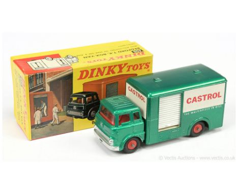 Dinky 450 Bedford TK Box Van "Castrol" - metallic green cab &amp; back, red interior &amp; plastic hubs, white opening side &