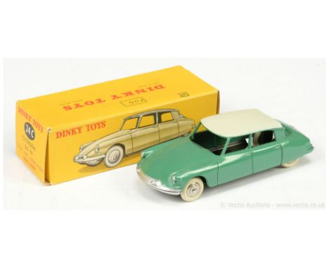 French Dinky 24c Citroen DS19 - green body, off white roof, silver trim, chrome convex hubs with white smooth tyres - Excelle