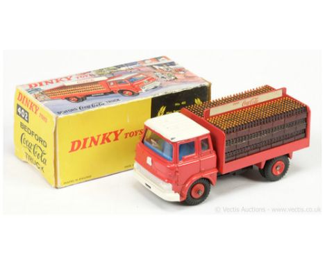 Dinky 402 Bedford TK "Drink Coca - Cola" Delivery Truck - red cab, back &amp; plastic hubs, black chassis, white roof &amp; f