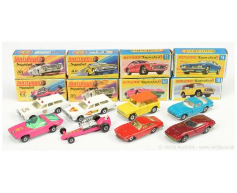 Matchbox Superfast a boxed group; (1) 14a Iso Grifo - blue body, white interior, 5-spoke narrow wheels; (2) 18a Field Car - y