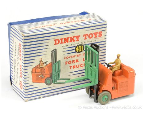 Dinky 401 Coventry Climax Forklift Truck - orange body, green forks &amp; ridged hubs with grey treaded tyres, black mast and