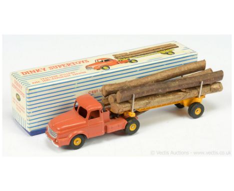 French Dinky 897 Tracteur Willeme - orange tractor unit with yellow concave hubs, silver trim, yellow trailer with concave hu