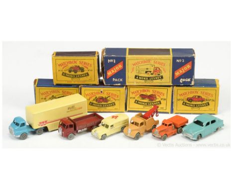 Matchbox Regular Wheels boxed group (1) 36a Austin A50 - turquoise blue body, metal wheels with crimped axles, (2) 20a ERF Lo