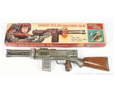 SH Toys (Horikawa of Japan) "Space Ruler Machine Gun" - scarce large scale battery operated toy machine gun is gunmetal grey 