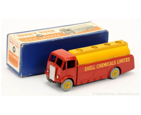 Dinky 591 AEC Tanker - red body "Shell Chemicals Ltd", yellow tank and Supertoy hubs with grey treaded tyres, silver trim - a