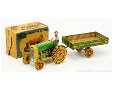 Mettoy (UK) tinplate Farm Vehicles - to include Mettoy Farm Tractor No.6435 - tinplate clockwork example - green, yellow with