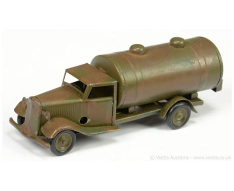 Triang Minic tinplate clockwork Army Petrol Tanker in two colour camouflage livery - fitted with tinplate hubs, a scarce item