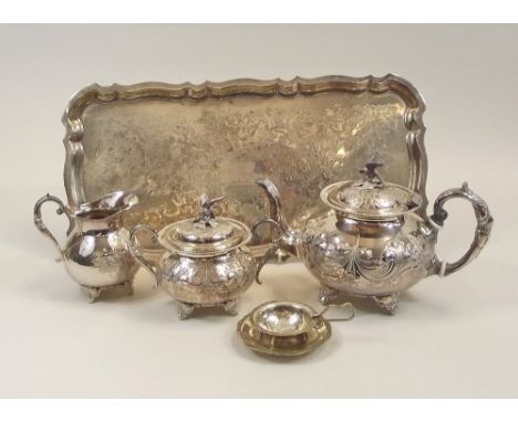 EPNS SERVICE. An EPNS three piece tea service with tray &amp; tea strainer &amp; stand.