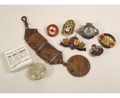 BADGES ETC.Various enamel badges, a WWII wound badge in original box & an Ancient Egyptian design gentleman's fob.