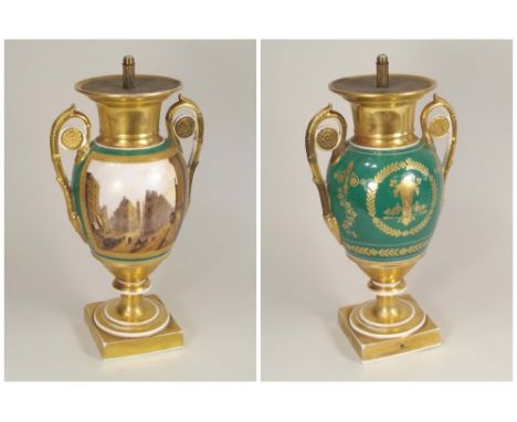 HAND PAINTED URN.A 19th century gilded porcelain urn (now a lamp base), hand painted with a scene of Cornhill, after a 19th c