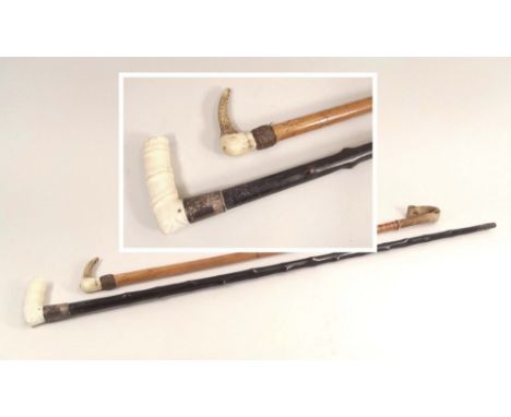 WALKING STICK ETC. A Victorian rustic walking stick with silver mounted ivory handle, engraved G. Cragg, Kendal &amp; a ridin