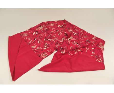 CRYSEDE SILK.A 1930's Crysede, Newlyn, hand blocked silk scarf with a repeat pattern of cottages, trees & fruits. 140 x 36cm.