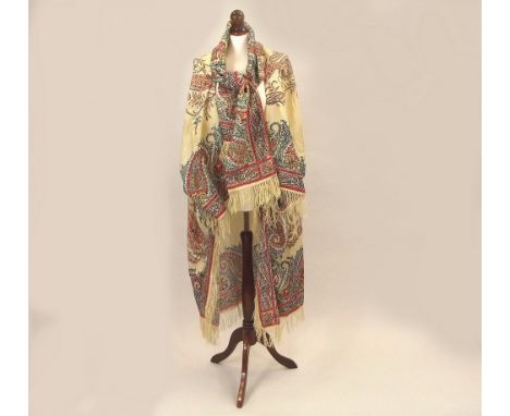 EDWARDIAN COAT.An Edwardian printed paisley, Kashmir wool coat with kimono type sleeves & deep shawl collar/scarf, length inc
