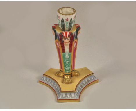 WORCESTER CANDLESTICK. A late 19th century Worcester Egyptian Revival candlestick, for restoration. Height 17cm.