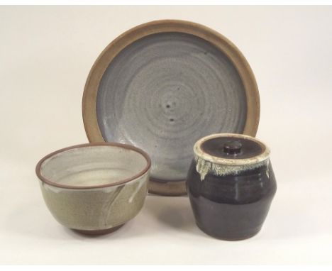 STUDIO POTTERY.Two early Scott Marshall, Boscean Pottery bowls, unmarked & a Leach Pottery lidded jar by Glen Lewis, faint ma