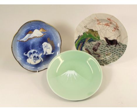 JAPANESE CELADON ETC.A Japanese celadon Mount Fuji plate with four character back stamp & two Chinese decorative plates. 