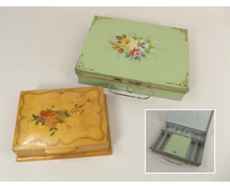 PAINTED BOXES. A vintage painted tin make-up box &amp; a painted wooden playing card box.