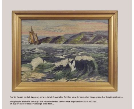 WOOLWORK. A woolwork seascape with a ship. 34 x 47cm.