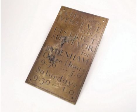 NAME PLATE. A brass name plate for 'A. Halcrow Verstage, A.R.I.B.A., District Surveyor for Sydenham'. 34 x 20cm.
