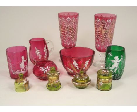 VICTORIAN GLASS.A 'Mary Gregory' green glass beaker, other enamelled Victorian glass & a set of Art Nouveau miniatures.